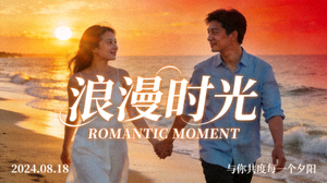 浪漫时光爱情电影海报：情侣在海边漫步夕阳下