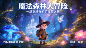 奇幻冒险动画电影海报：卡通角色在魔法森林中探险